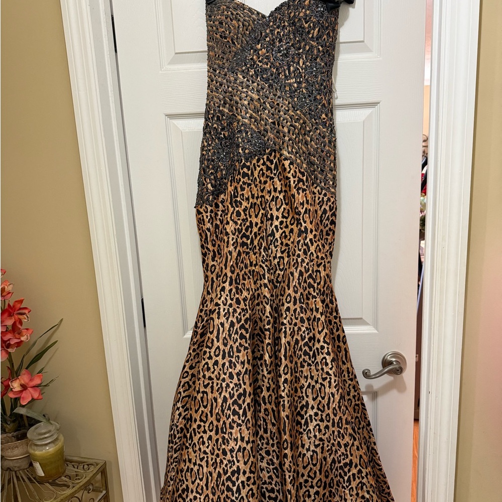 Tony Bowls One-Shoulder Leopard Print Gown in Brown and Black